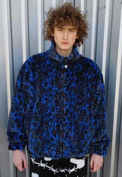 Leopard fleece jacket handmade reversible animal bomber blue