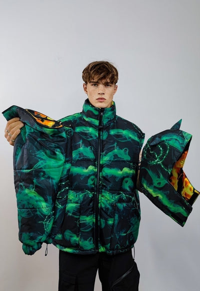 Smoke print bomber reversible jacket detachable flame puffer