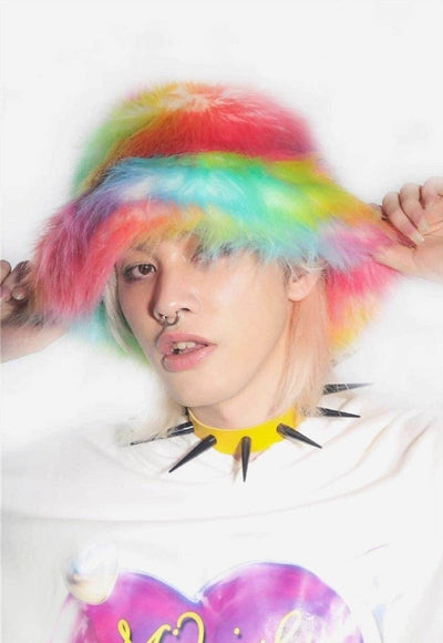 Festival faux fur bucket hat fluffy neon hat Gay rainbow cap