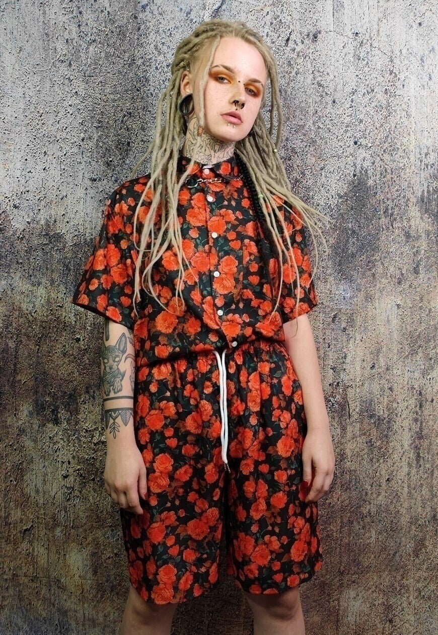 Rose shirt floral print short sleeve top in red black