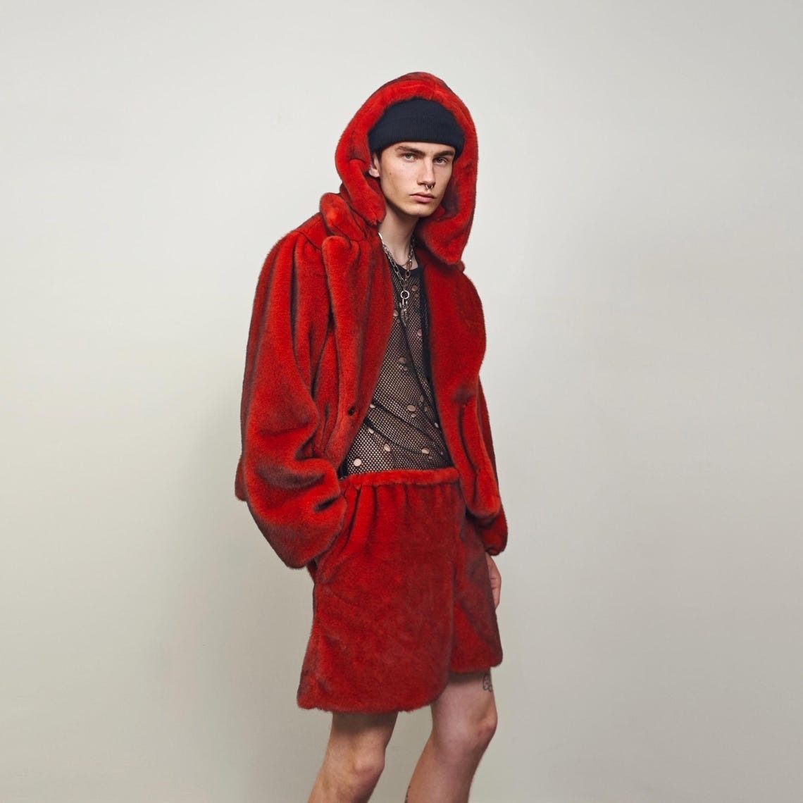 Red faux fur coat cropped trench short going out jacket grunge detachable sleeves handmade luxury festival overcoat fleece