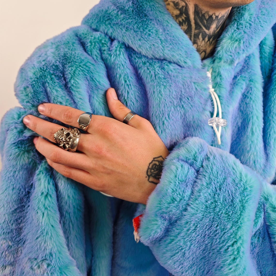 Chameleon faux fur jacket blue luminous fleece color changing bomber psychedelic pullover detachable sleeves handmade rave festival overcoat