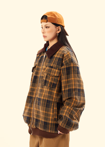 Brown check utility aviator jacket plaid preppy bomber