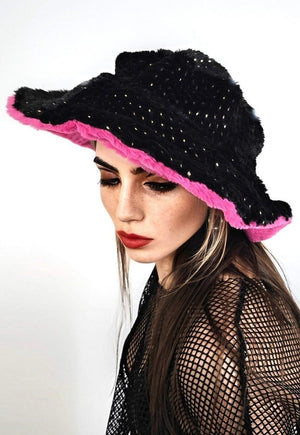 Embellished fleece bucket pink reversible fedora two sided