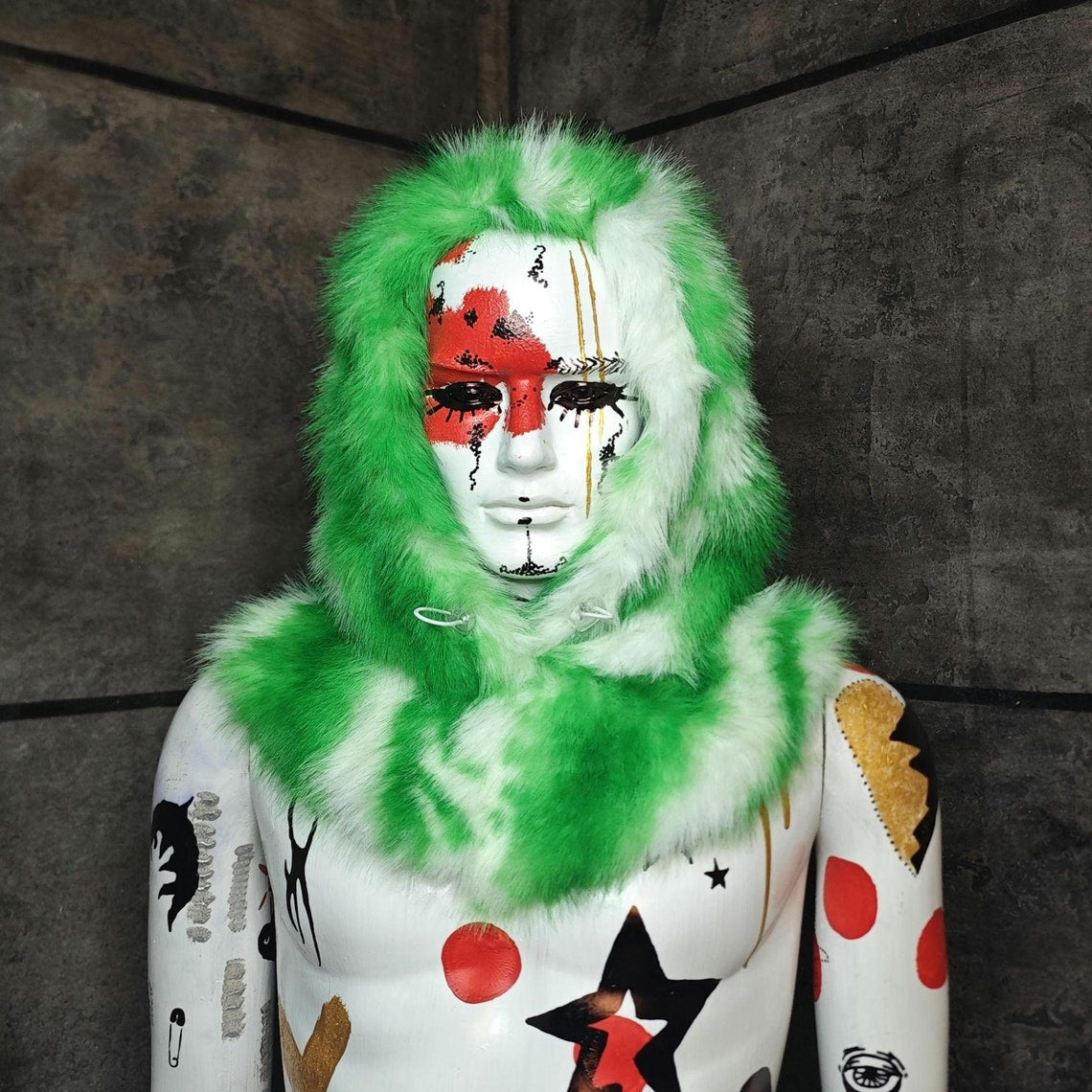 Faux fur hood pastel pink blue snood handmade hooded hat raver cap allover fluffy fleece scarf unisex bucket grunge winter festival headwear