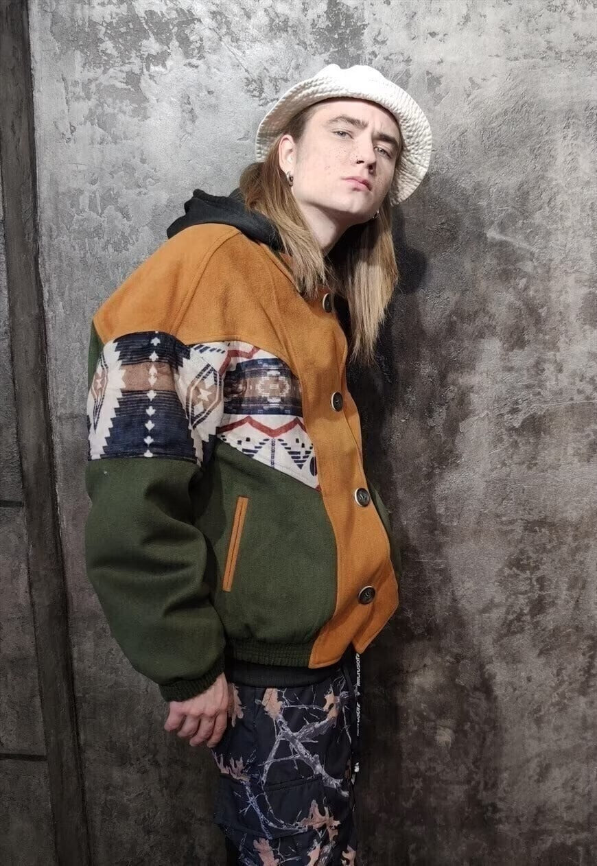 70s Aztec biker jacket suede feel 90s bomber khaki green