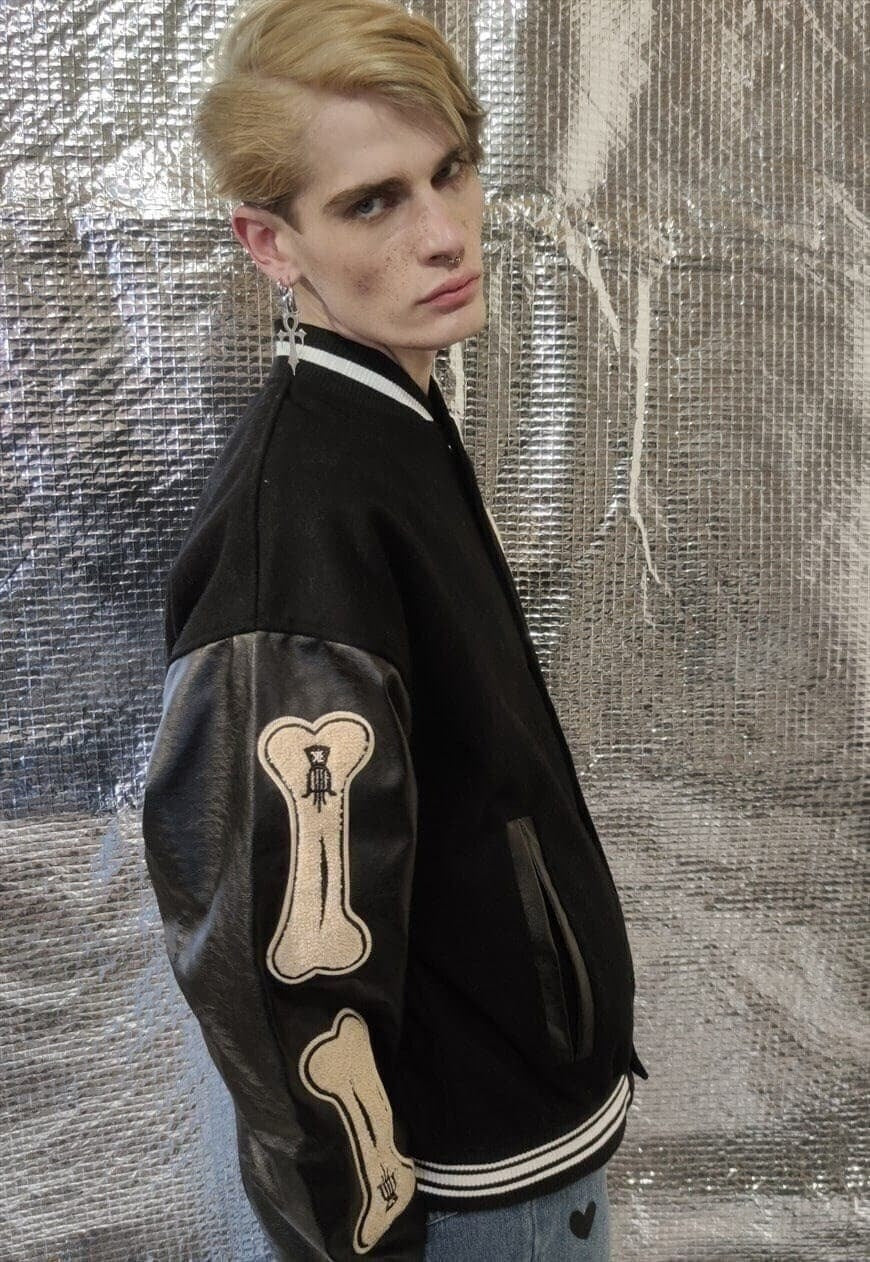 USA varsity jacket PU leather sleeve MA bones bomber black