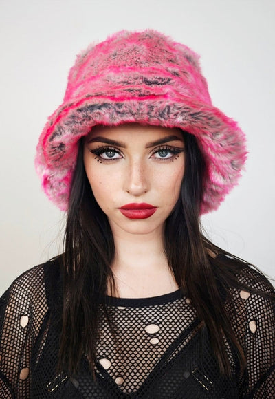 Pink faux fur bucket hat fuzzy neon cap festival rave fedora