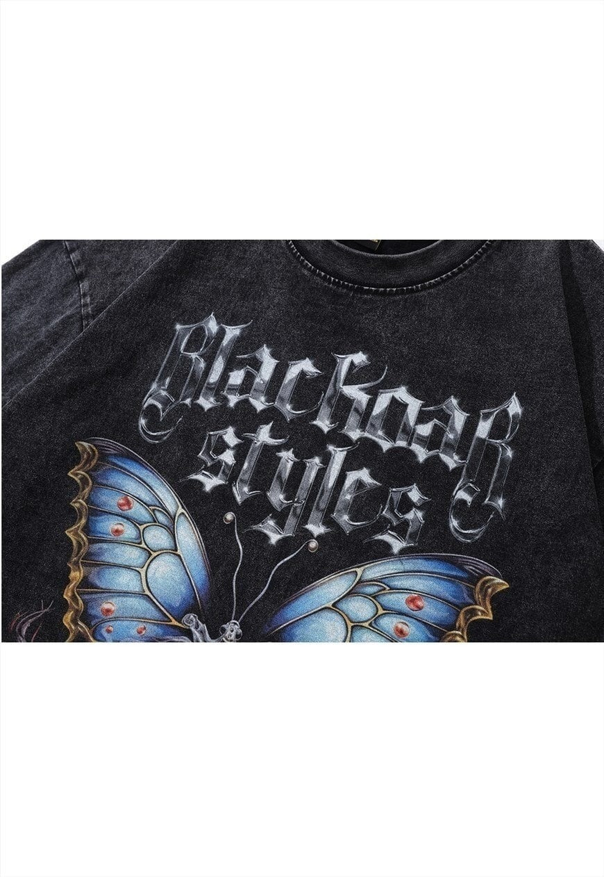 Butterfly t-shirt vintage wash grunge print long retro tee