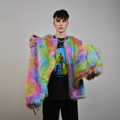 Rainbow faux fur jacket collarless tropical coat bright raver bomber fluffy carnival fleece luminous festival pullover burning man overcoat