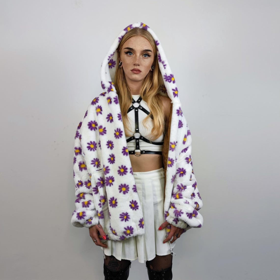 Floral fleece jacket white daisy print bomber fluffy sunflower pullover handmade rave festival overcoat grunge fuzzy hoodie
