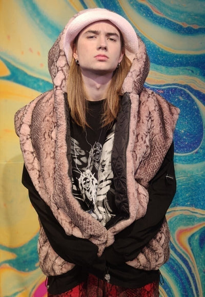 Python faux fur bomber handmade detachable snake jacket pink