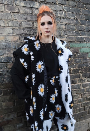 Floral fleece jacket handmade daisy trench coat white black