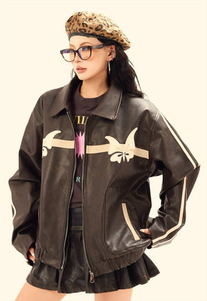 Cropped patchwork varsity jacket faux leather preppy bomber