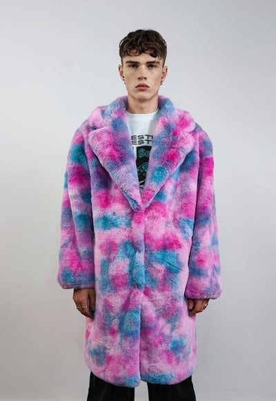 Tie-dye pink fleece gradient coat long fluffy hooded trench