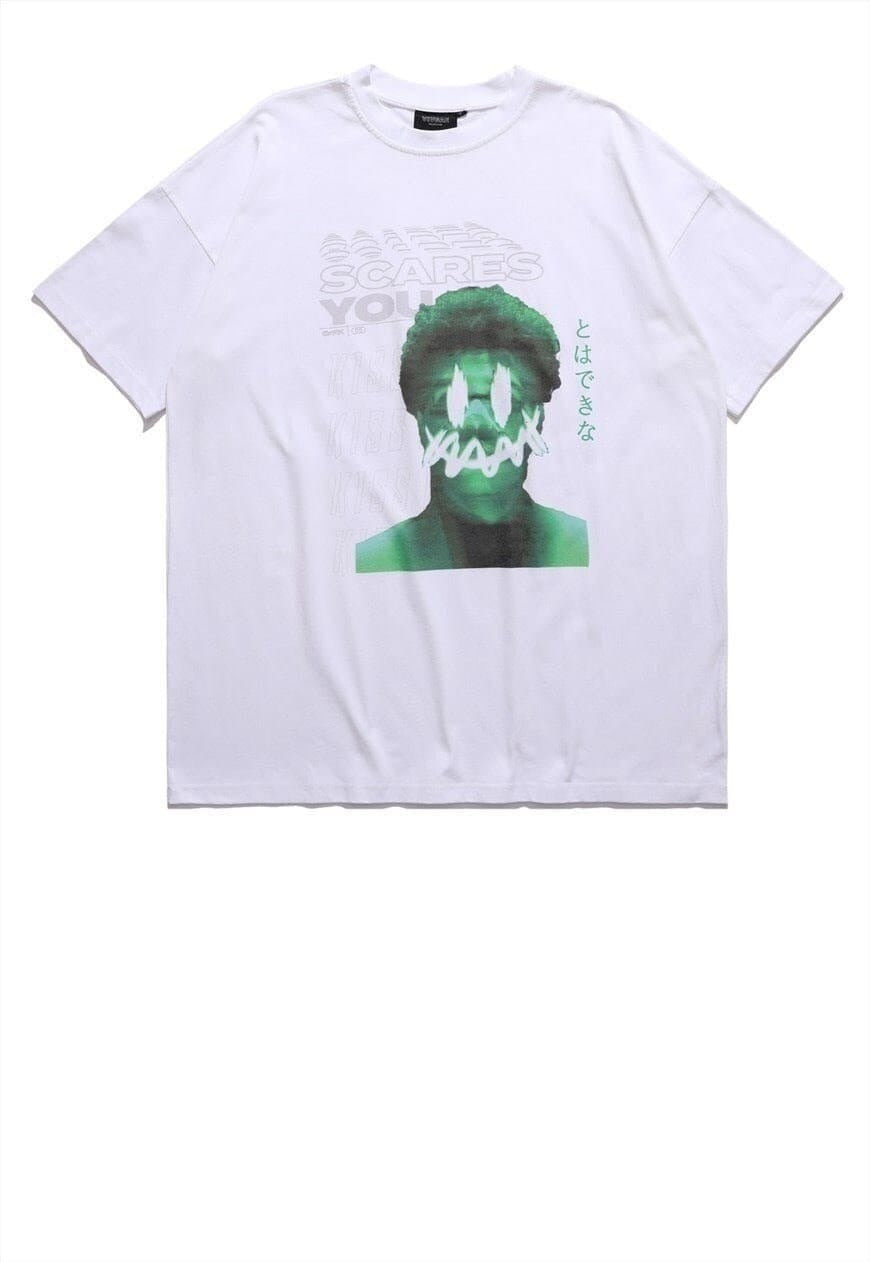 Raver print t-shirt green monster tee retro acid top white