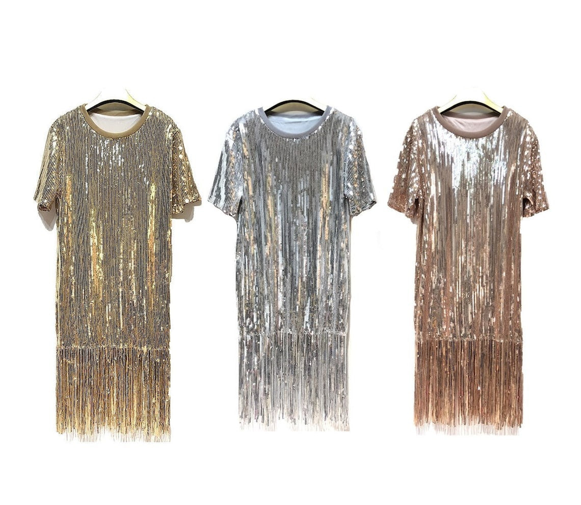 Oversize sequin dress drop shoulder fringed gown tassels sundress embellished baggy frock luxury going out sheath one size fancy blouse