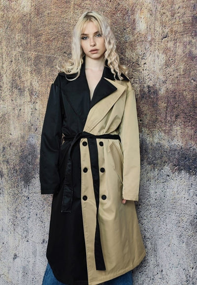 Contrast colour stitched trench coat asymmetric mac in cream