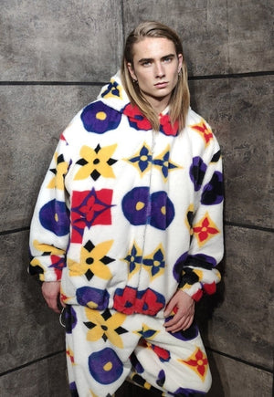 Floral fleece jacket handmade reversible geometric coat