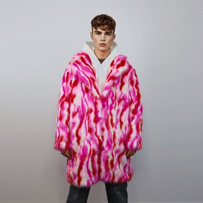 Faux fur long striped coat zebra trench neon raver bomber fluffy tie-dye winter fleece festival jacket burning man going out coat red pink