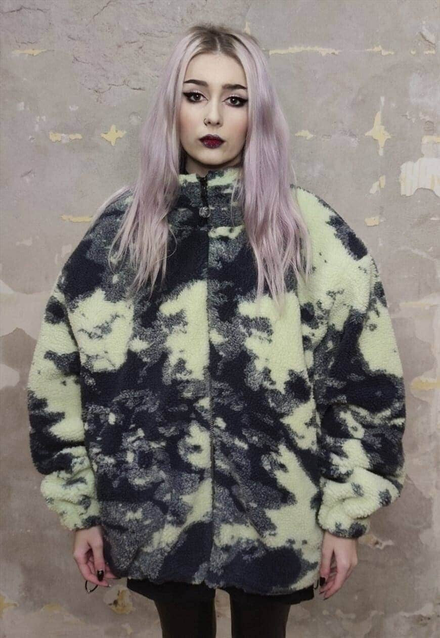 Camo fleece jacket handmade abstract trench coat in green