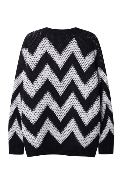 Striped sweater zigzag jumper knitted mesh top in black