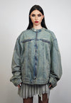 Denim varsity jacket round neck bleached jean college bomber