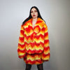 Psychedelic orange coat faux fur geometric cropped bomber fluffy carnival fleece detachable sleeves festival jacket short flame overcoat