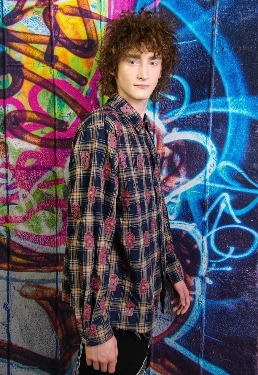 Balaclava patch shirt tartan check top in brown blue