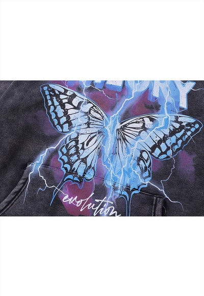 Thunder print hoodie vintage wash pullover butterfly jumper