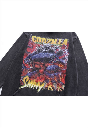 Godzilla hoodie monster cartoon pullover vintage wash jumper