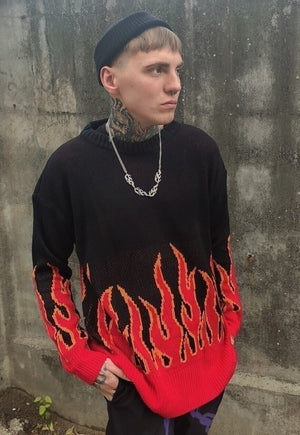 Box fit flame knitted sweatshirt red fire knitwear jumper