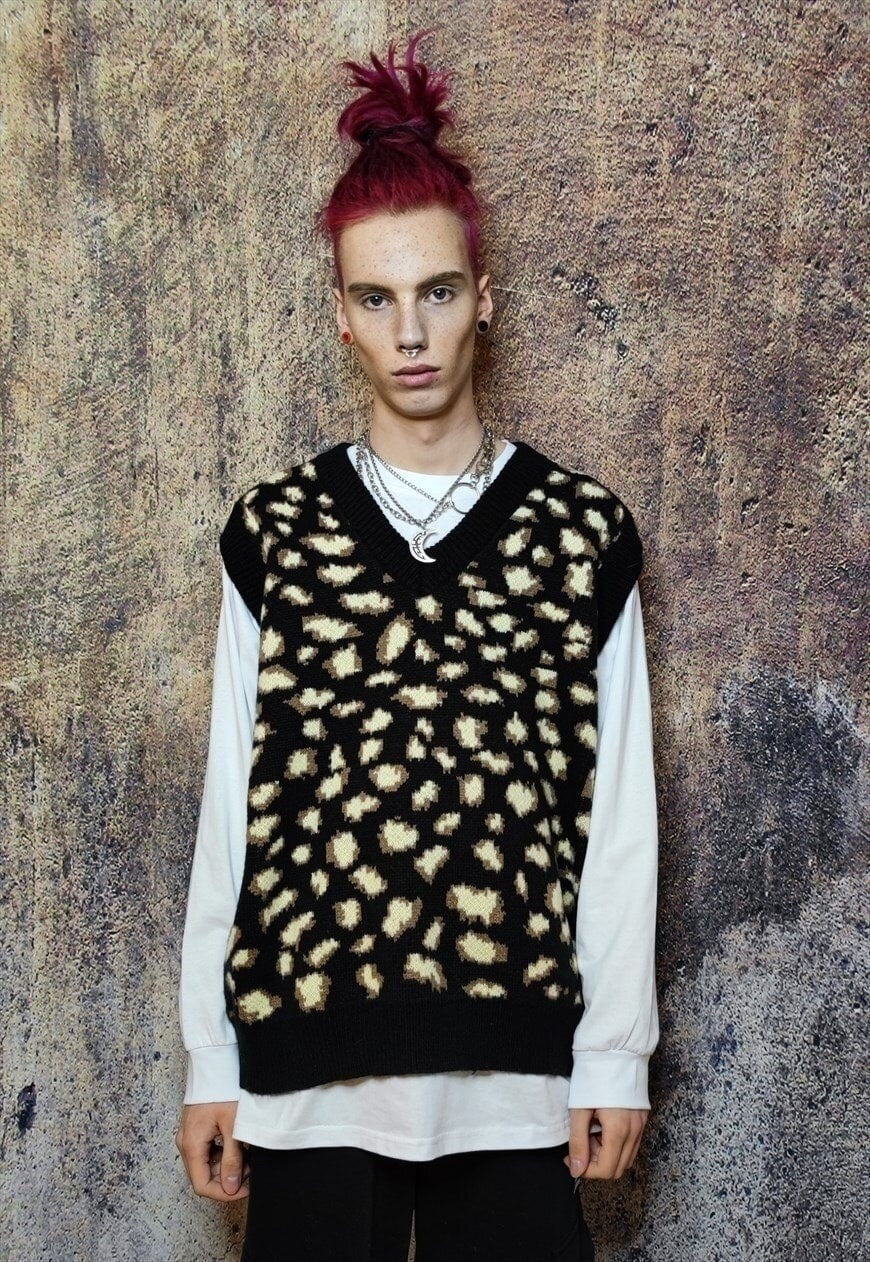Leopard print sleeveless sweater animal print cardigan black