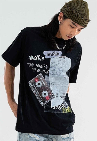 Cassette print t-shirt retro tee skater graffiti top black