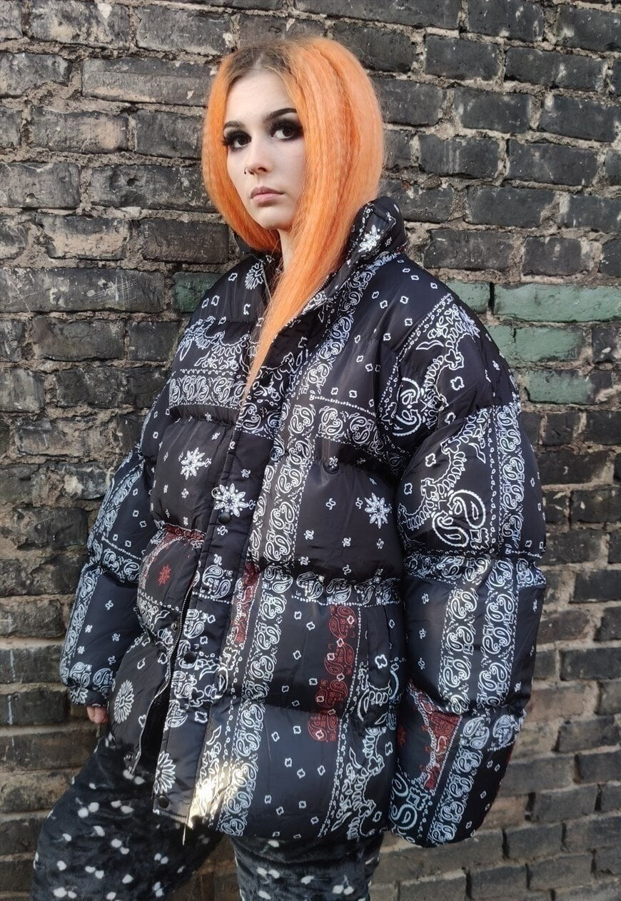 Paisley bomber tie-dye bandanna print scarf puffer jacket