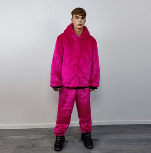 Neon faux fur joggers winter raver pants fluffy skiing trousers mountain fleece overalls festival bottoms burning man pants in fuchsia pink