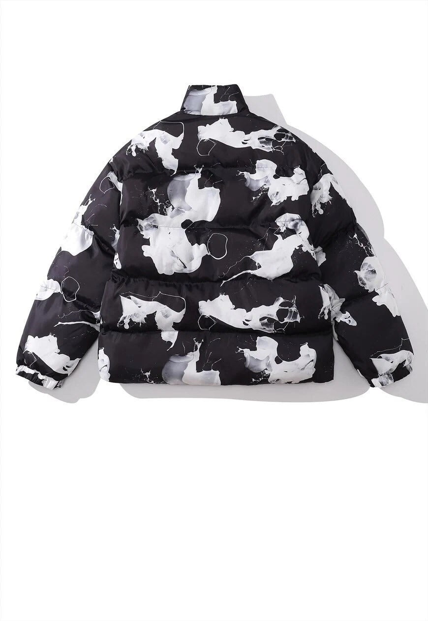 Paint splatter bomber Milk print cow puffer jacket in black