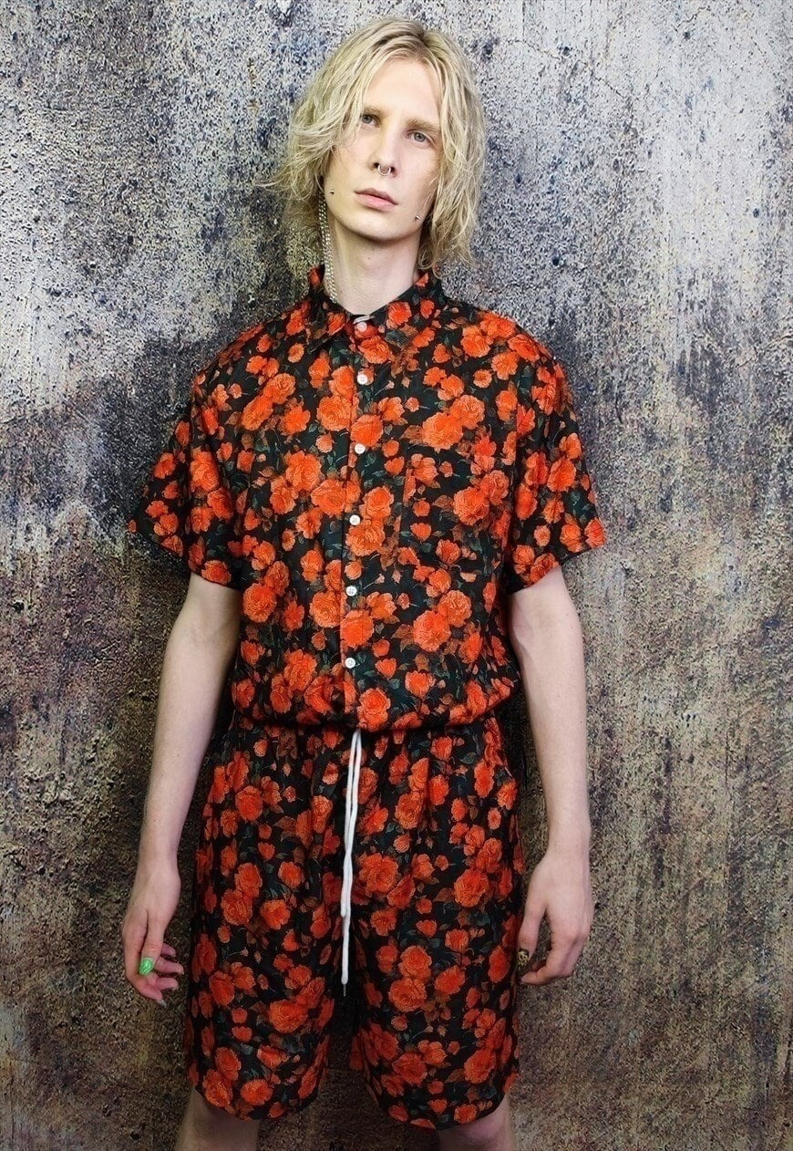 Rose shorts floral print crop board overalls in red black