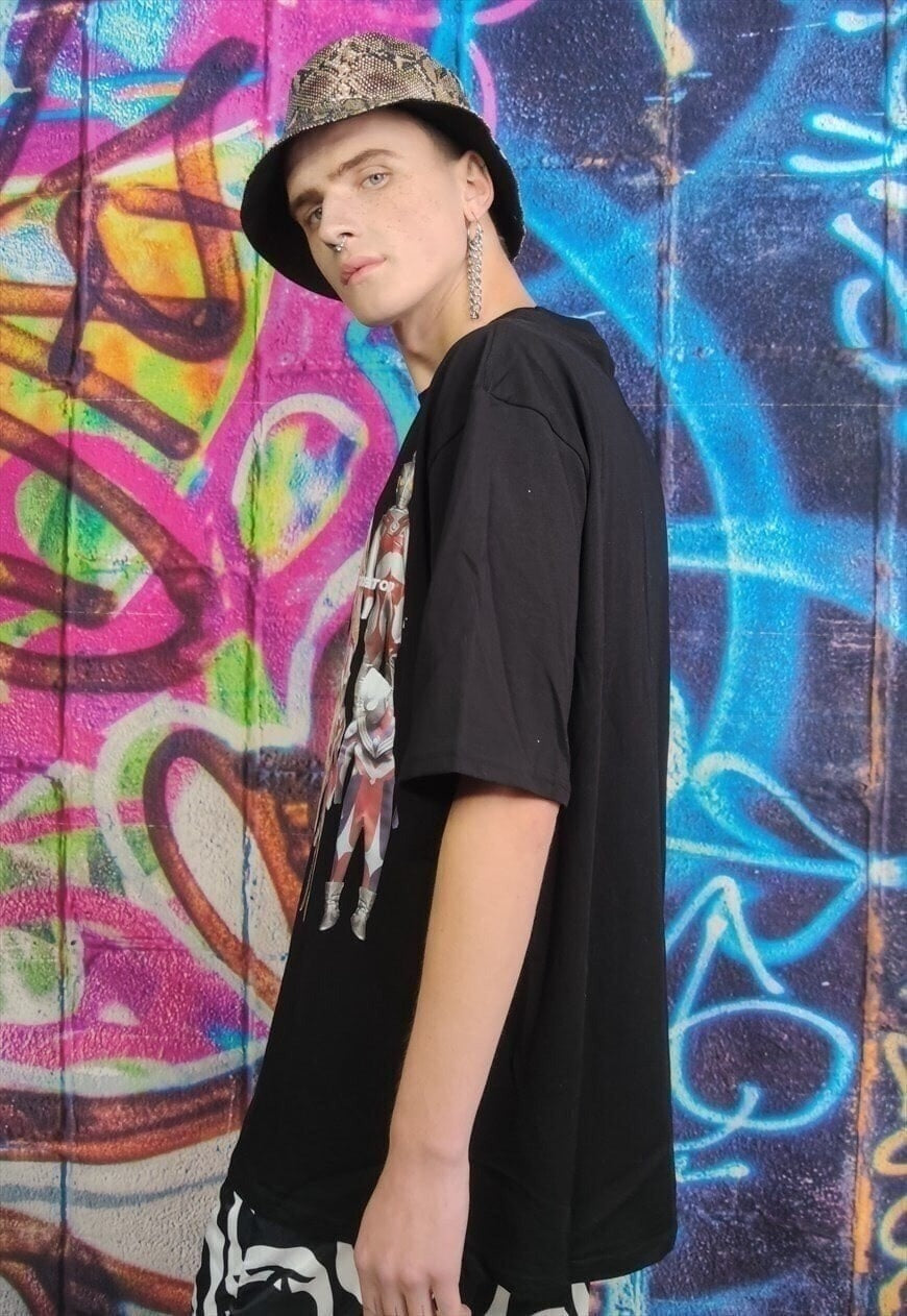 Alien print tee party Robot t-shirt transformer top in black