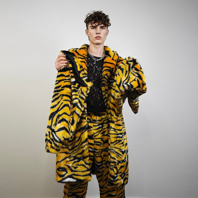 Tiger fur coat striped pattern longline trench glam rocker overcoat animal print bomber festival jacket customizable zebra peacoat in yellow