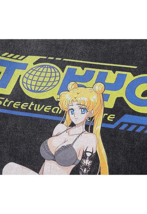 Vintage Tokyo slogan t-shirt long sleeve anime top in grey