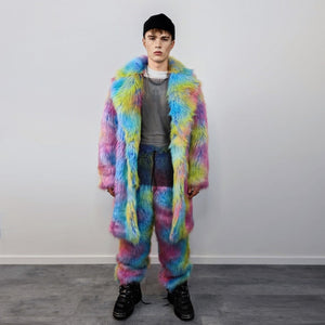 Rainbow faux fur joggers unicorn raver pants fluffy psychedelic trousers ski fleece tie-dye overalls festival bottoms burning man pants blue