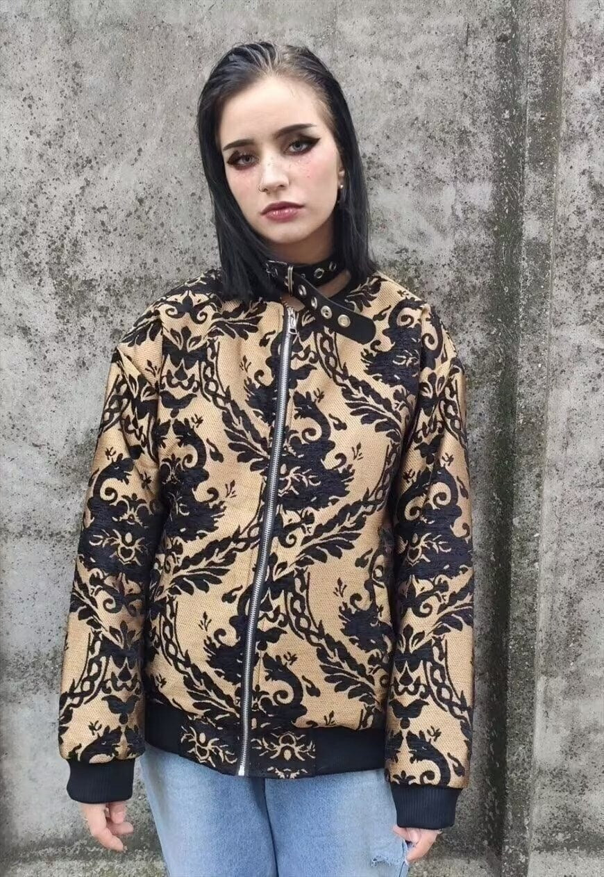 Embroidered paisley varsity jacket bandana bomber in golden