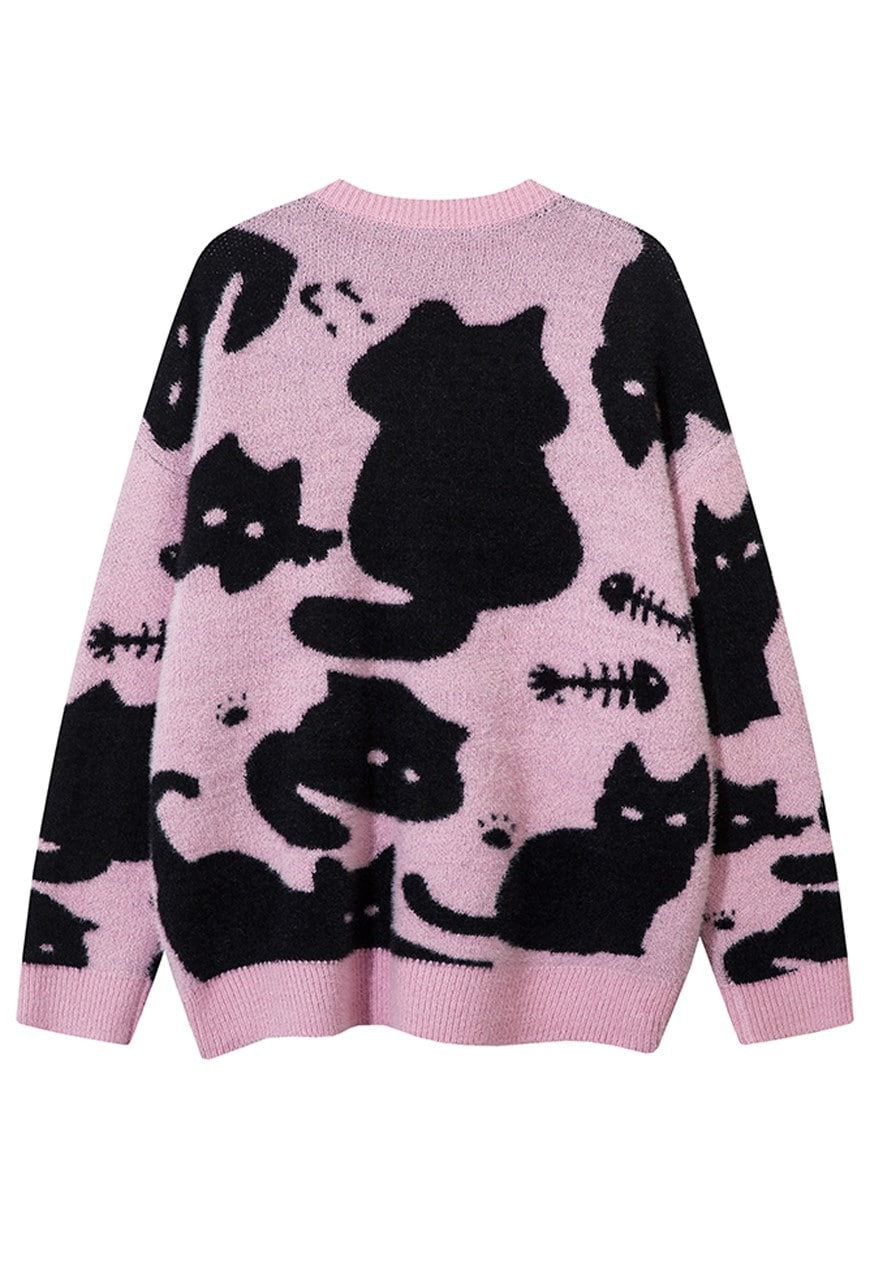 Black cat print sweater cream knitted Gothic top punk jumper