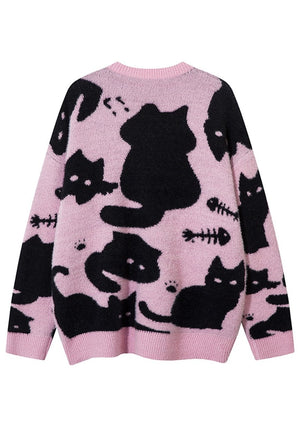 Black cat print sweater pink knitted Gothic top punk jumper