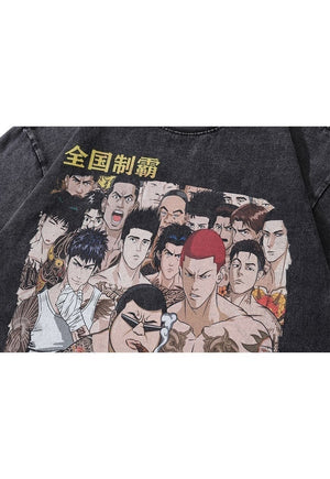 Anime print t-shirt Japanese tee retro cartoon top in grey