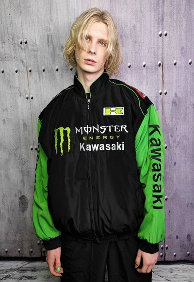 Green racing jacket patchwork Kawasaki motorsport varsity