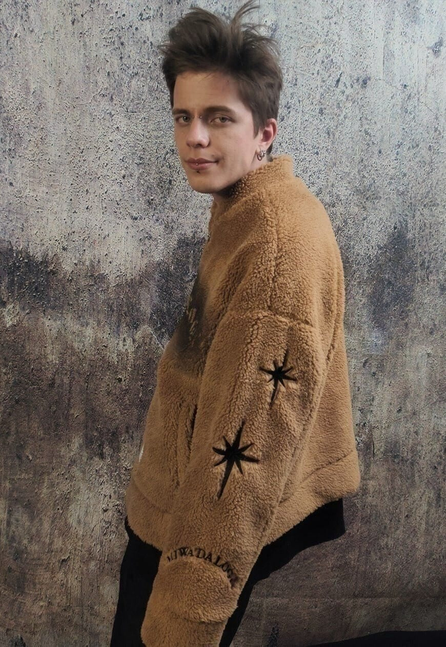 Graffiti fleece varsity jacket fluffy punk bomber coat brown