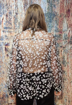 Transparent shirt daisy patterned seethrough blouse mesh top