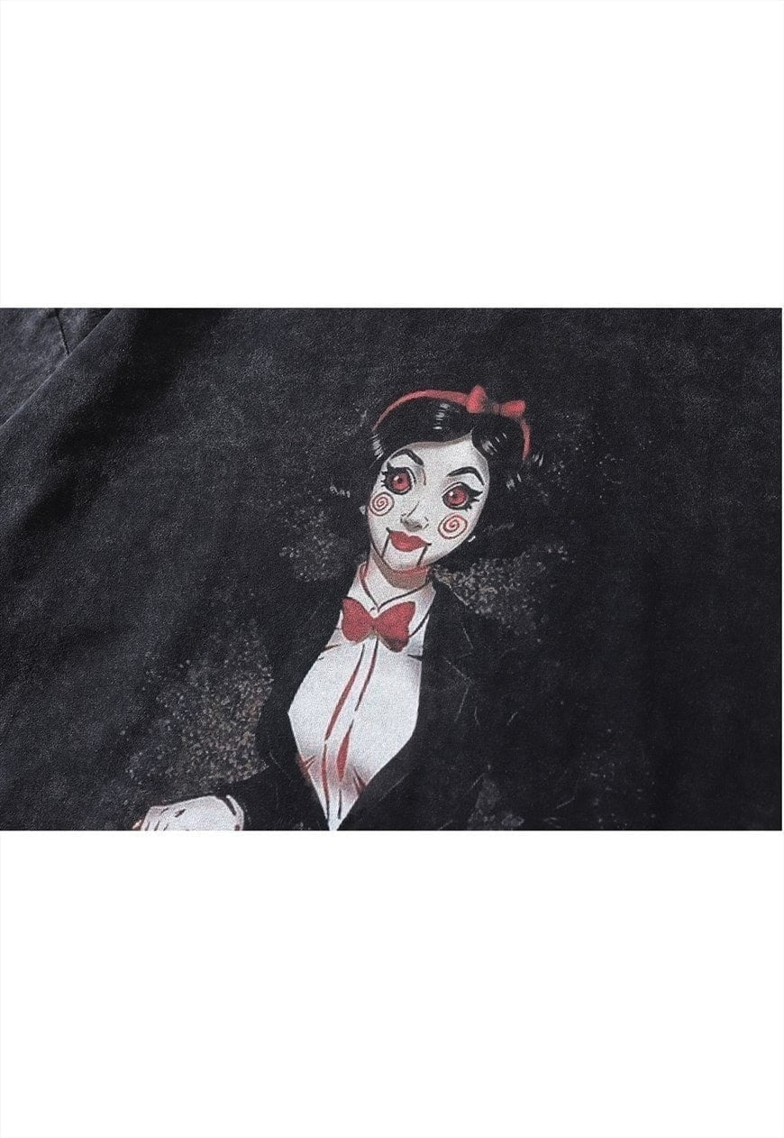 Creepy doll  t-shirt vintage wash horror movie long tee grey